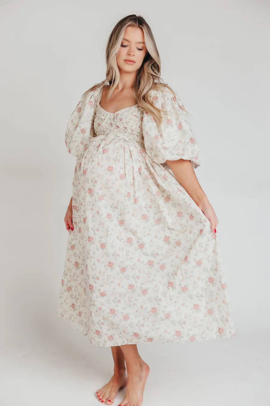Online Worth Collective Harlow Maxi Dress in Off-White Floral - Bump Friendly & Inclusive Sizi