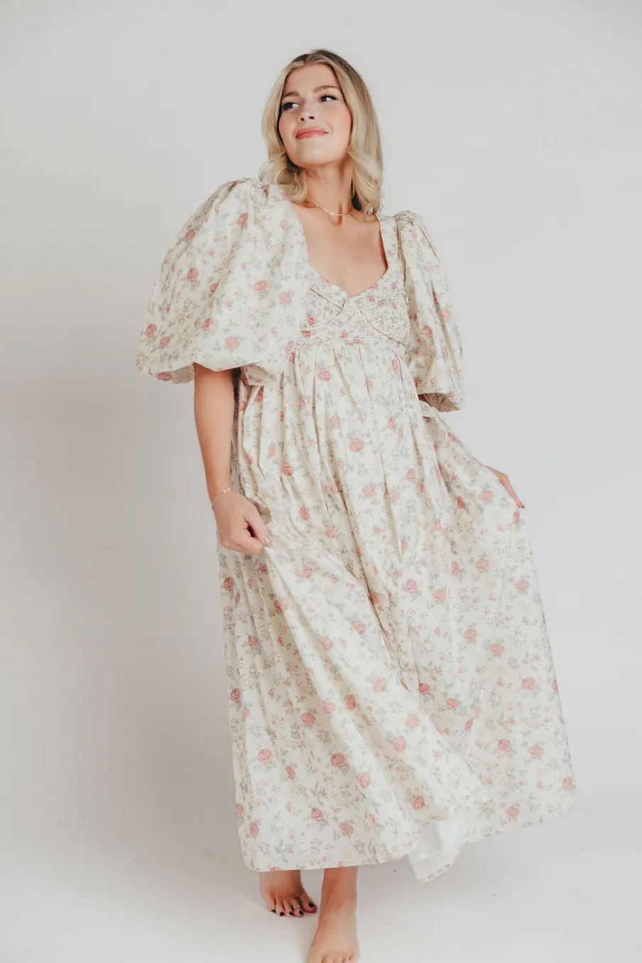 Online Worth Collective Harlow Maxi Dress in Off-White Floral - Bump Friendly & Inclusive Sizi