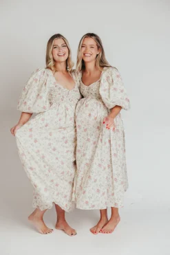 Online Worth Collective Harlow Maxi Dress in Off-White Floral - Bump Friendly & Inclusive Sizi