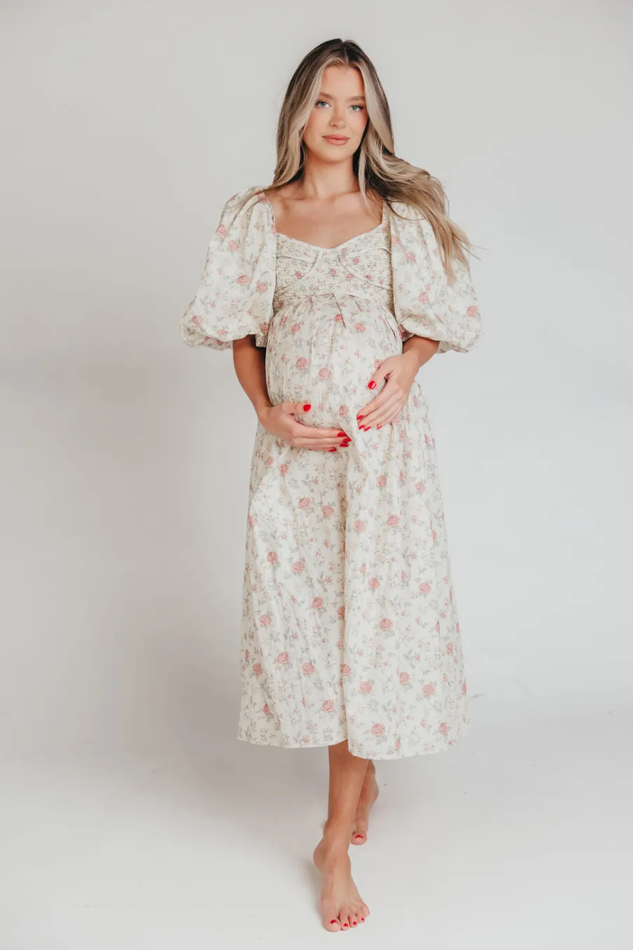 Online Worth Collective Harlow Maxi Dress in Off-White Floral - Bump Friendly & Inclusive Sizi