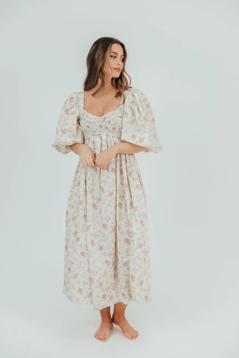 Online Worth Collective Harlow Maxi Dress in Off-White Floral - Bump Friendly & Inclusive Sizi
