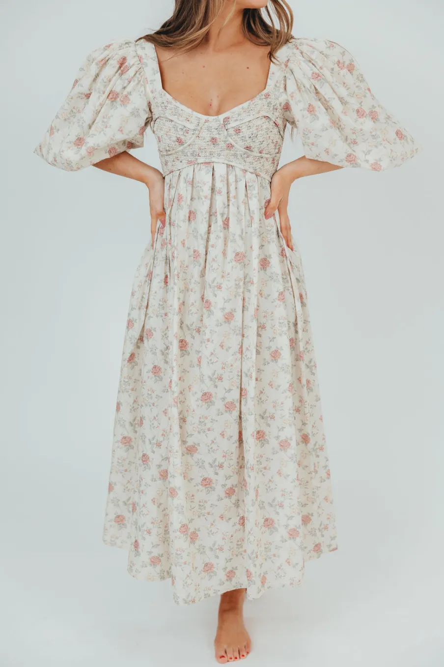 Online Worth Collective Harlow Maxi Dress in Off-White Floral - Bump Friendly & Inclusive Sizi