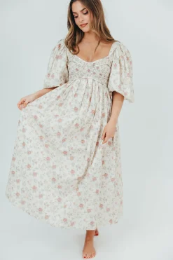 Online Worth Collective Harlow Maxi Dress in Off-White Floral - Bump Friendly & Inclusive Sizi