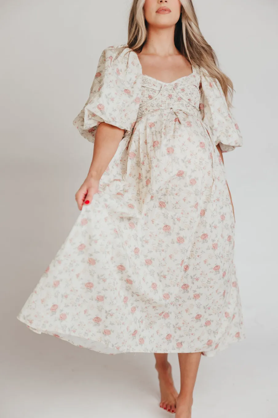 Online Worth Collective Harlow Maxi Dress in Off-White Floral - Bump Friendly & Inclusive Sizi