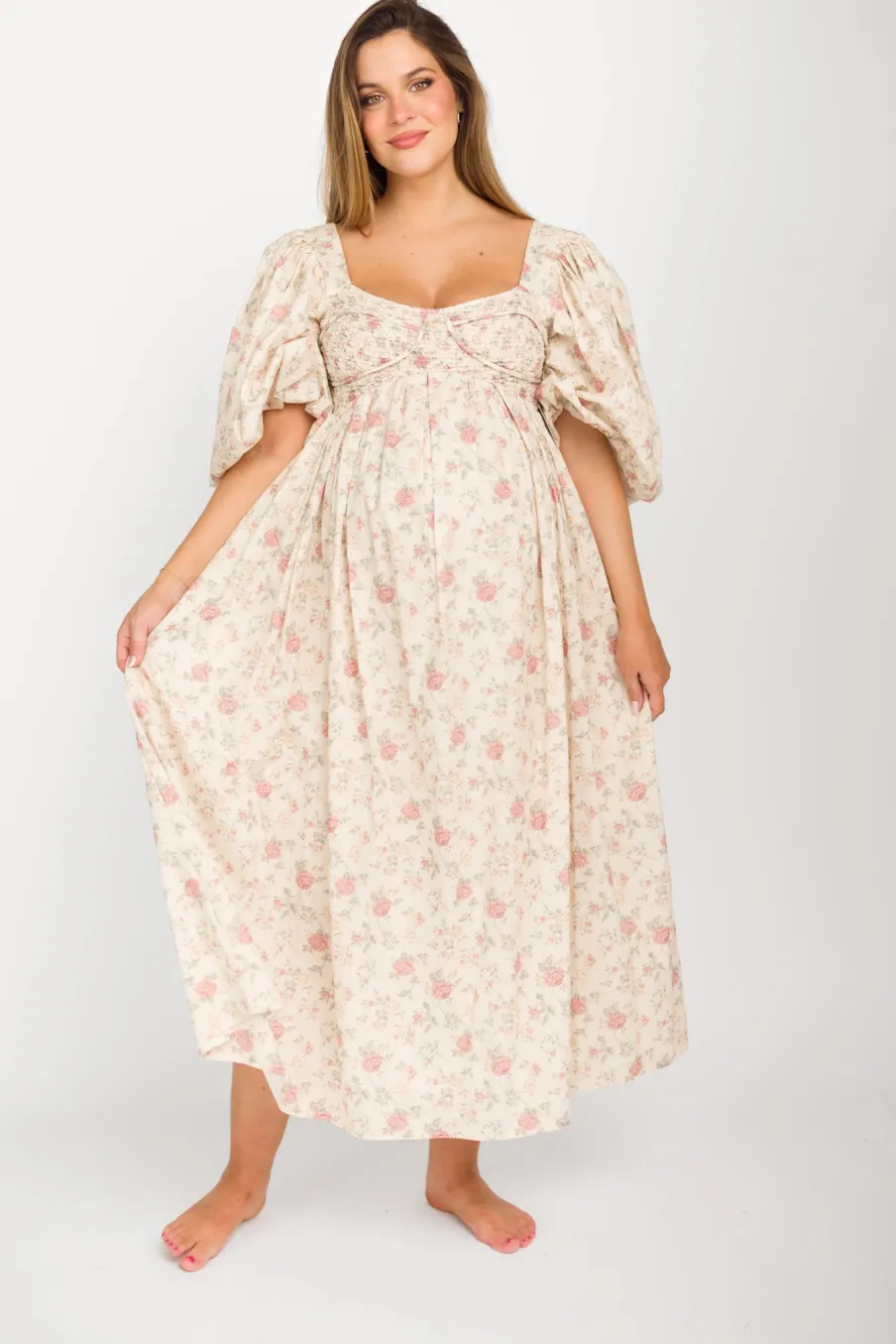 Online Worth Collective Harlow Maxi Dress in Off-White Floral - Bump Friendly & Inclusive Sizi