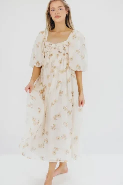 New Worth Collective Harlow Maxi Dress in Taupe Floral - Bump Friendly & Inclusive Sizing (