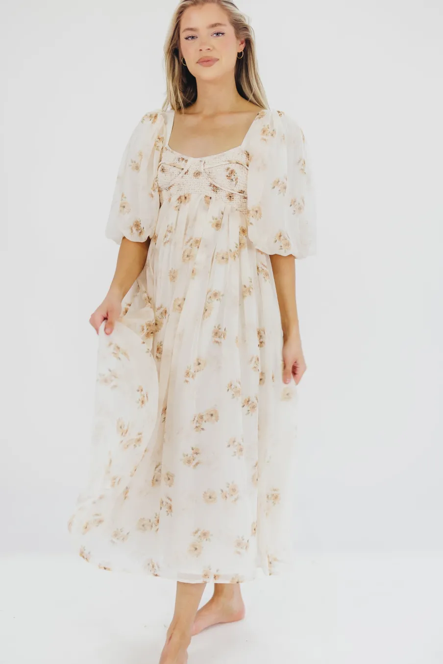 New Worth Collective Harlow Maxi Dress in Taupe Floral - Bump Friendly & Inclusive Sizing (