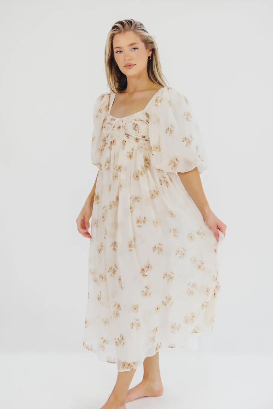 New Worth Collective Harlow Maxi Dress in Taupe Floral - Bump Friendly & Inclusive Sizing (