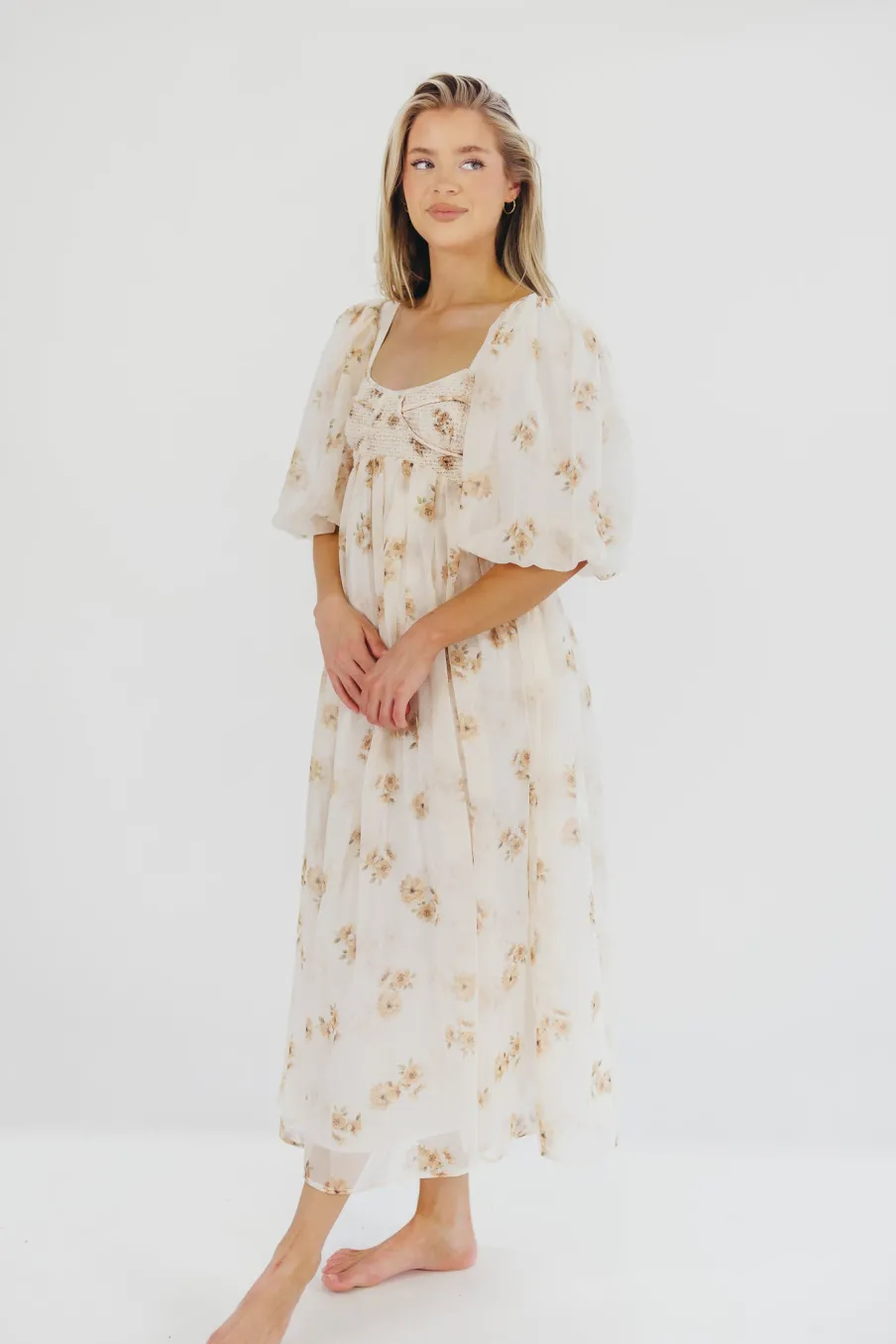 New Worth Collective Harlow Maxi Dress in Taupe Floral - Bump Friendly & Inclusive Sizing (