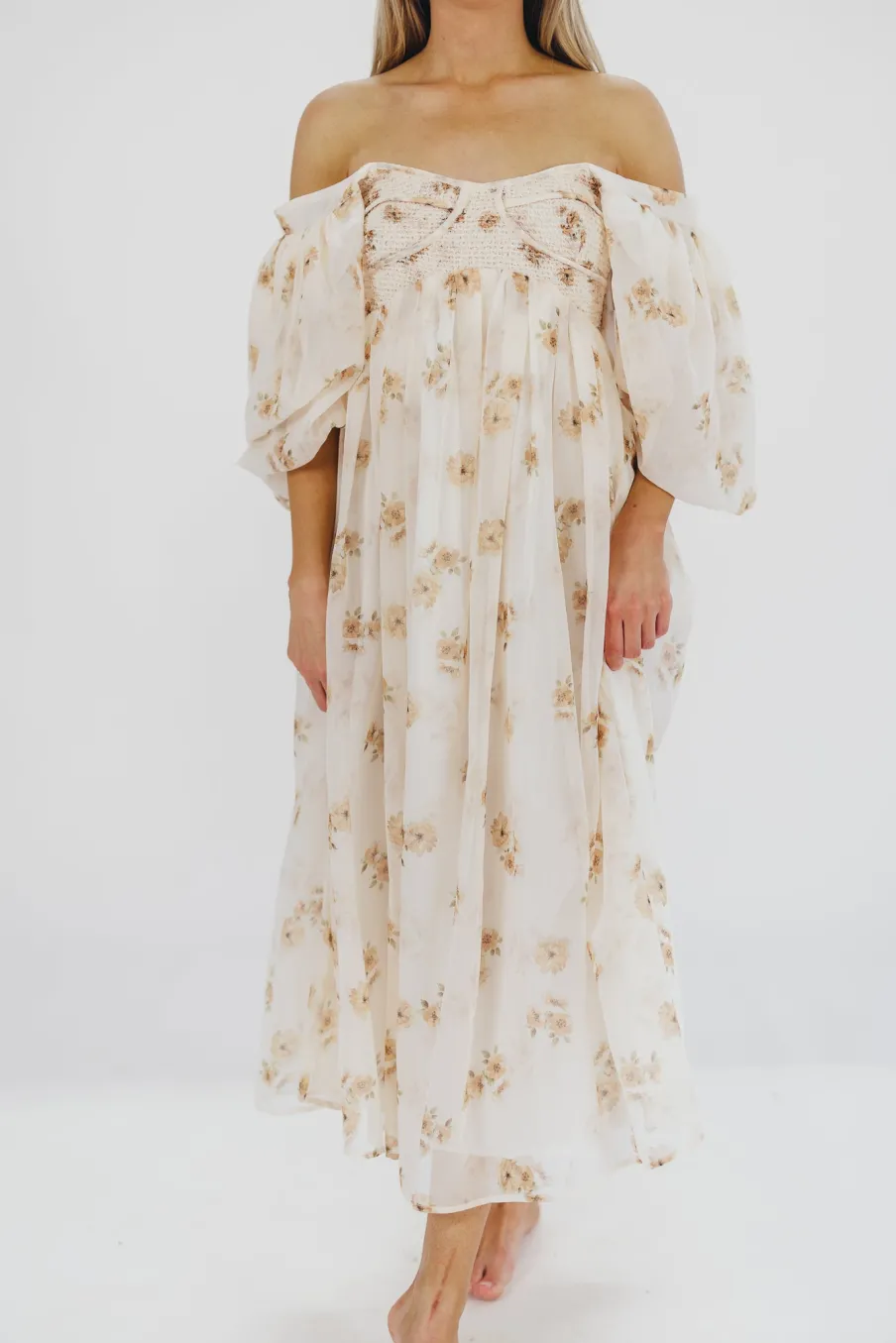 New Worth Collective Harlow Maxi Dress in Taupe Floral - Bump Friendly & Inclusive Sizing (