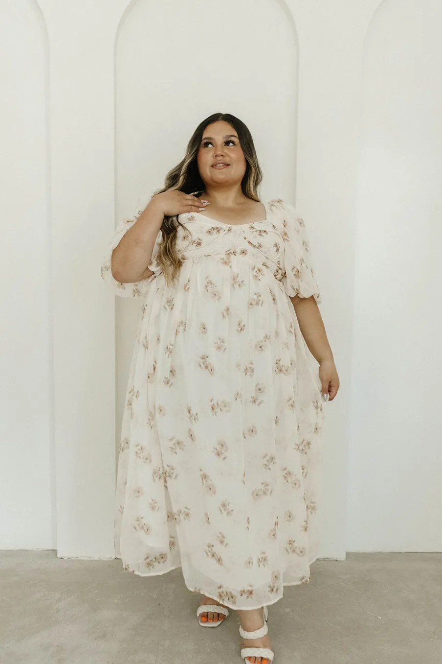 New Worth Collective Harlow Maxi Dress in Taupe Floral - Bump Friendly & Inclusive Sizing (