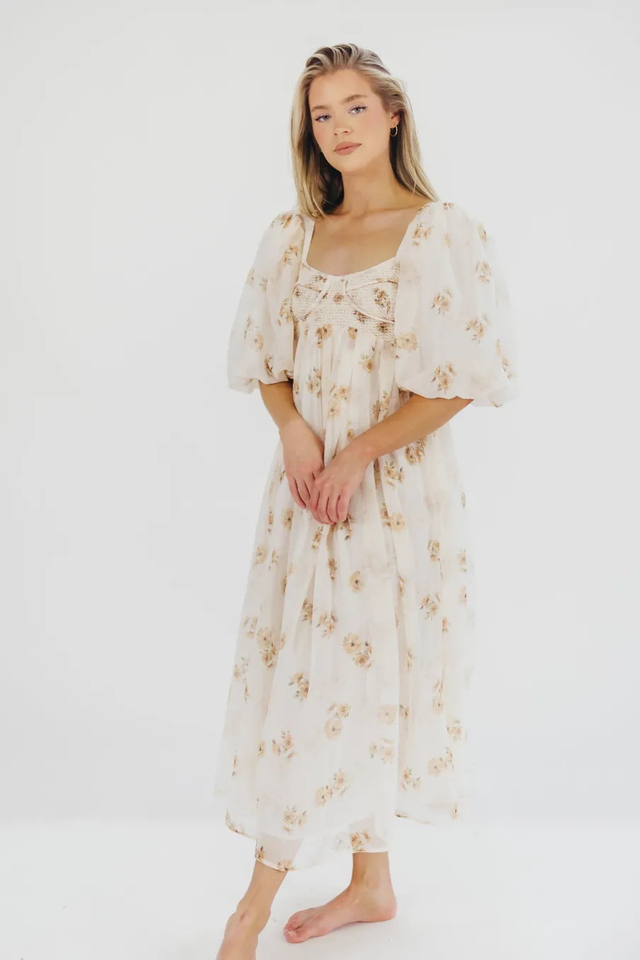 New Worth Collective Harlow Maxi Dress in Taupe Floral - Bump Friendly & Inclusive Sizing (