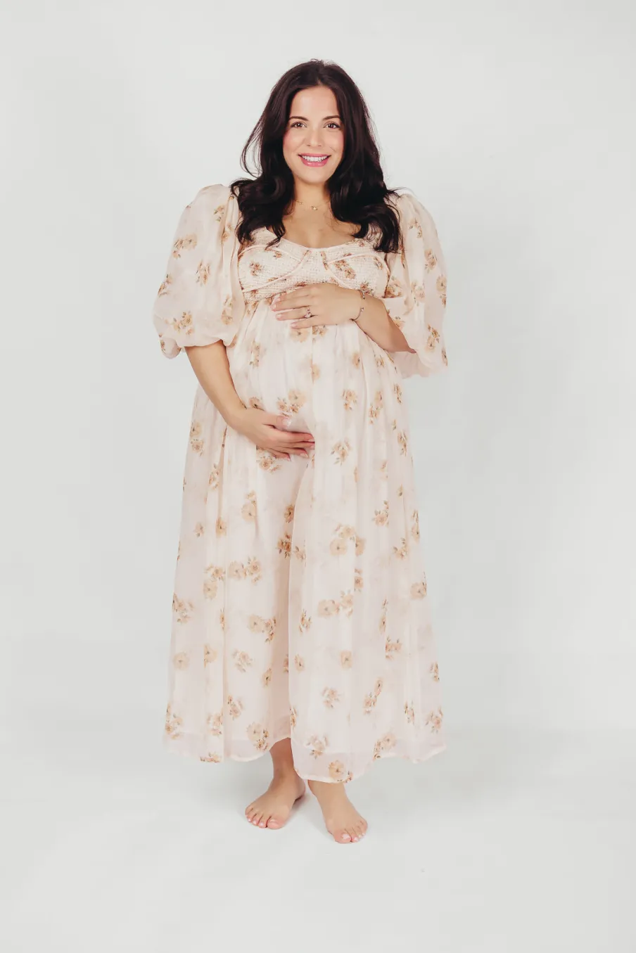New Worth Collective Harlow Maxi Dress in Taupe Floral - Bump Friendly & Inclusive Sizing (