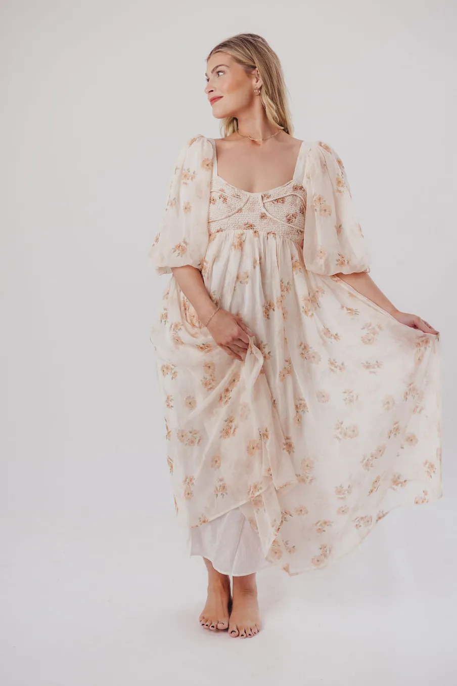 New Worth Collective Harlow Maxi Dress in Taupe Floral - Bump Friendly & Inclusive Sizing (