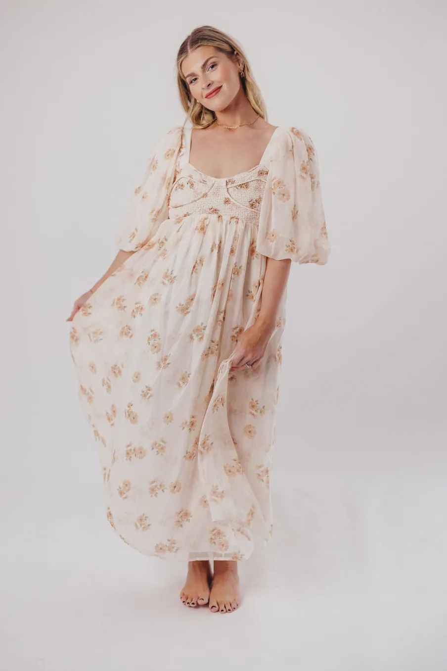 New Worth Collective Harlow Maxi Dress in Taupe Floral - Bump Friendly & Inclusive Sizing (