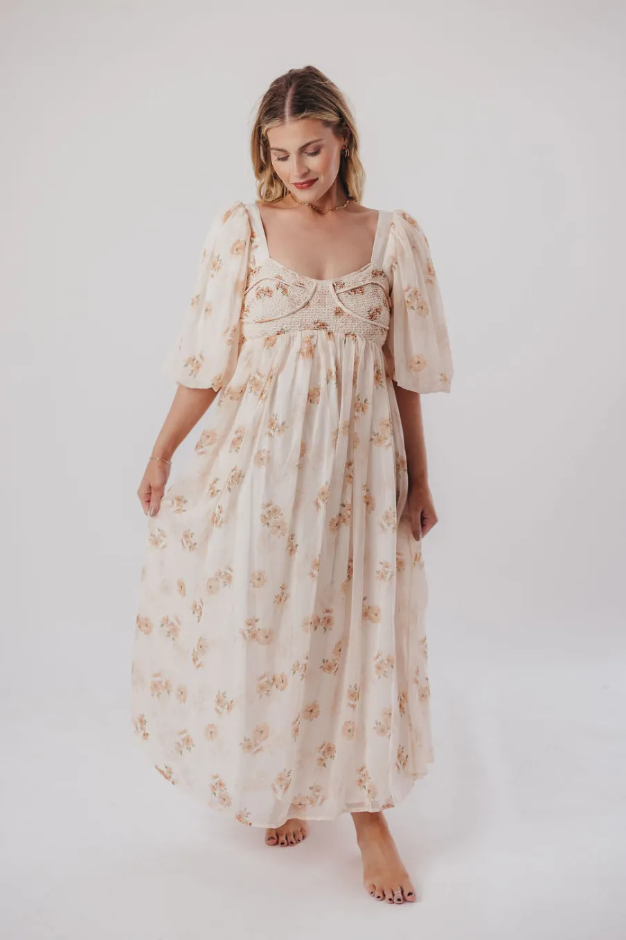 New Worth Collective Harlow Maxi Dress in Taupe Floral - Bump Friendly & Inclusive Sizing (