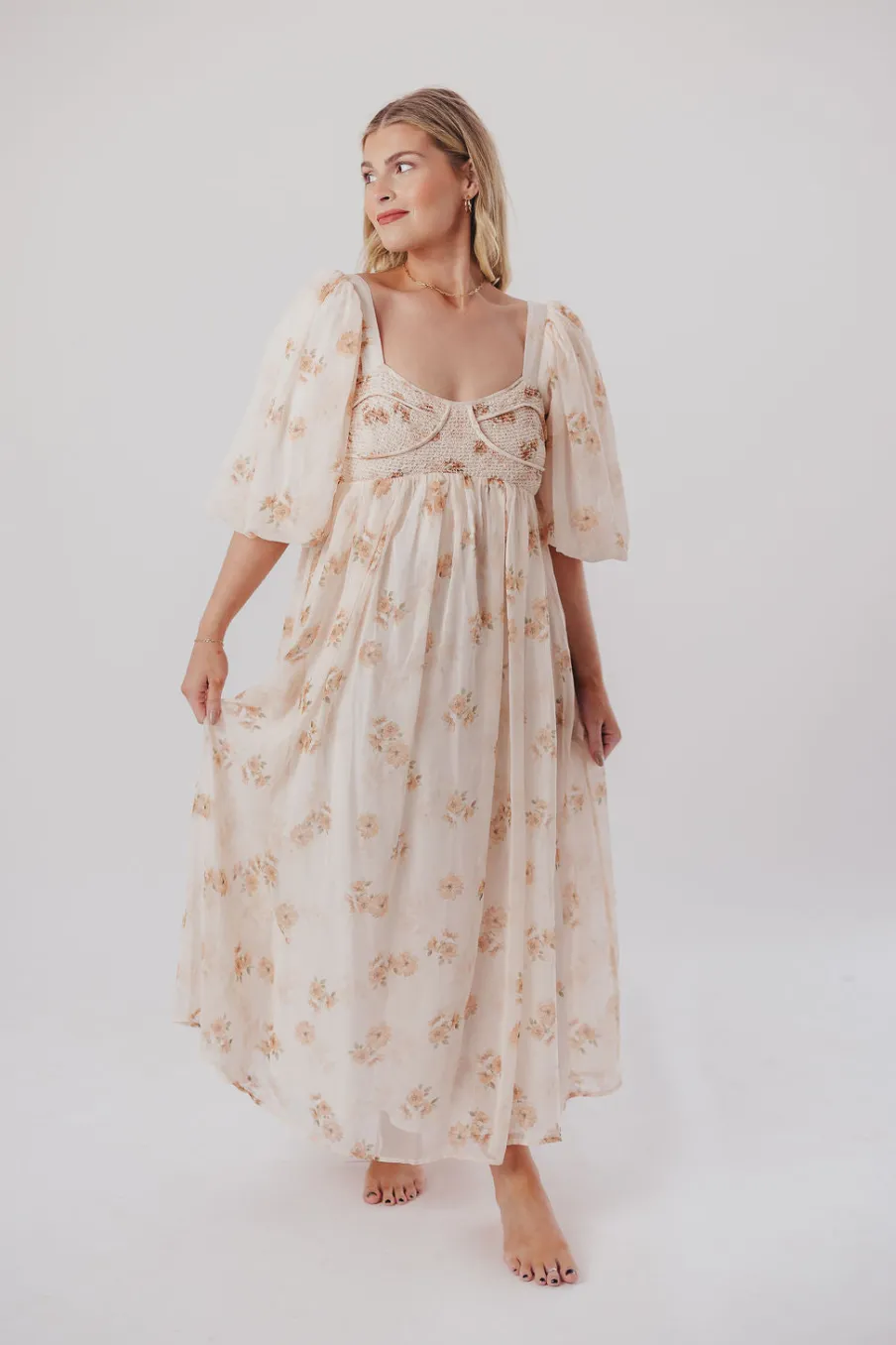 New Worth Collective Harlow Maxi Dress in Taupe Floral - Bump Friendly & Inclusive Sizing (