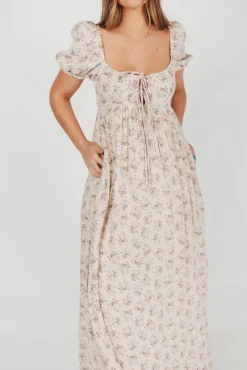 Hot Worth Collective Haven 100% Cotton Tie-Front Maxi Dress in Blue/Brown Floral - Bump Fri