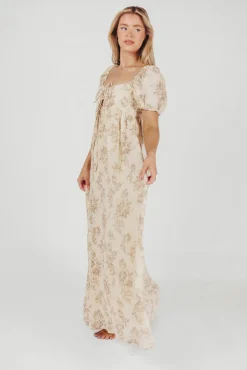 Online Worth Collective Haven 100% Cotton Tie-Front Maxi Dress in Taupe/Brown Floral - Bump Fr