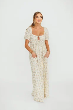 Outlet Worth Collective Haven 100% Cotton Tie-Front Maxi Dress in Orange/Green Floral - Bump F