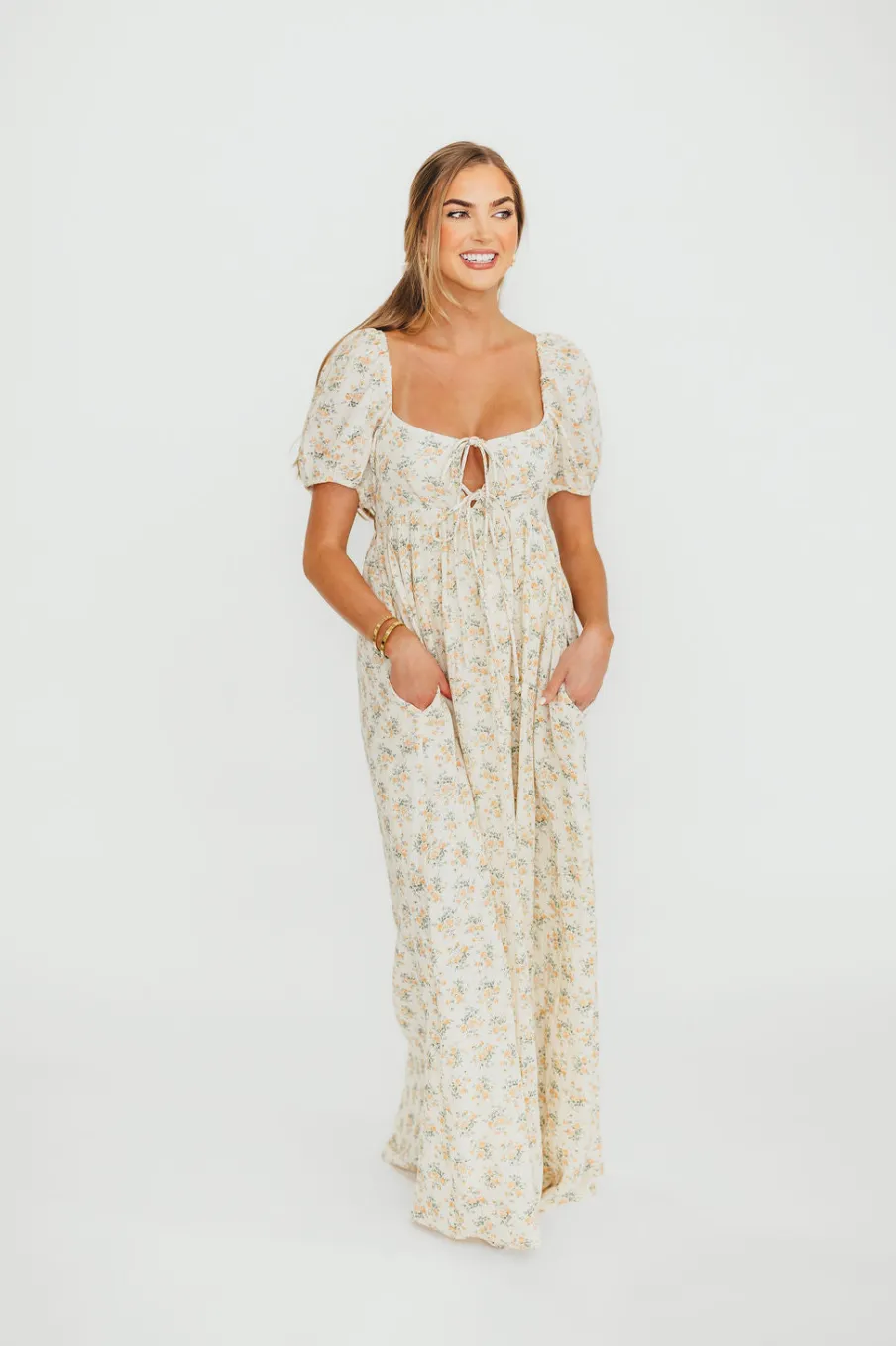 Outlet Worth Collective Haven 100% Cotton Tie-Front Maxi Dress in Orange/Green Floral - Bump F