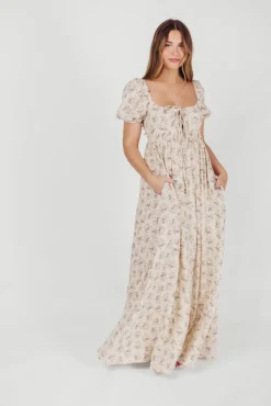 Hot Worth Collective Haven 100% Cotton Tie-Front Maxi Dress in Blue/Brown Floral - Bump Fri