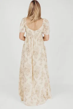 Online Worth Collective Haven 100% Cotton Tie-Front Maxi Dress in Taupe/Brown Floral - Bump Fr