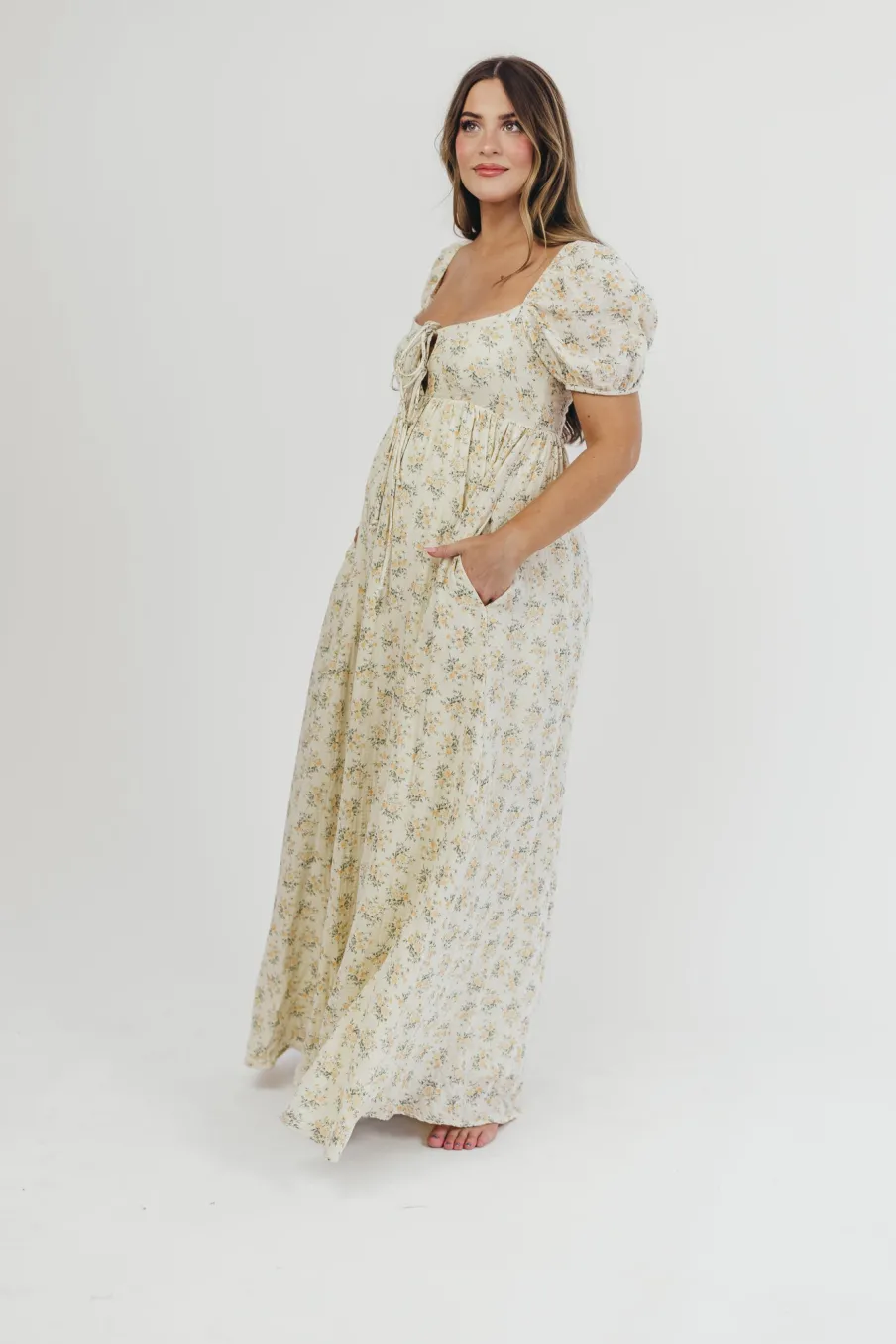 Outlet Worth Collective Haven 100% Cotton Tie-Front Maxi Dress in Orange/Green Floral - Bump F