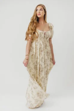 Online Worth Collective Haven 100% Cotton Tie-Front Maxi Dress in Taupe/Brown Floral - Bump Fr