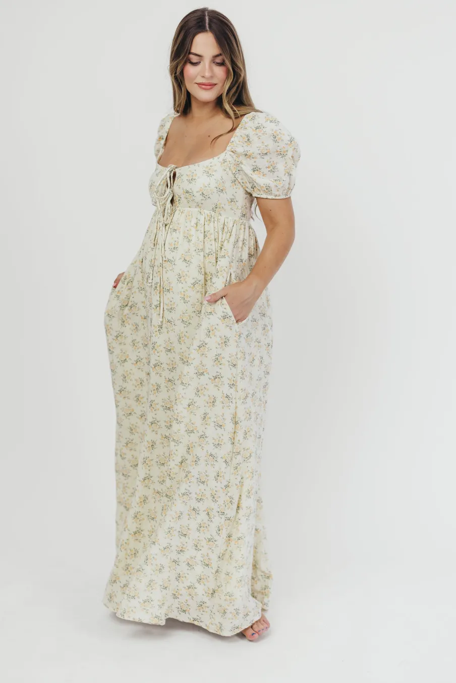 Outlet Worth Collective Haven 100% Cotton Tie-Front Maxi Dress in Orange/Green Floral - Bump F