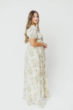 Online Worth Collective Haven 100% Cotton Tie-Front Maxi Dress in Taupe/Brown Floral - Bump Fr