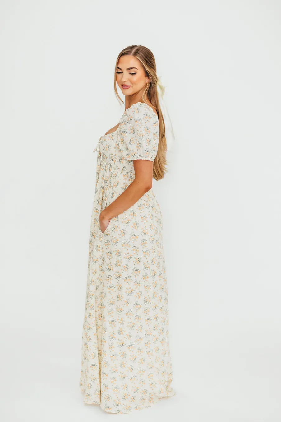 Outlet Worth Collective Haven 100% Cotton Tie-Front Maxi Dress in Orange/Green Floral - Bump F