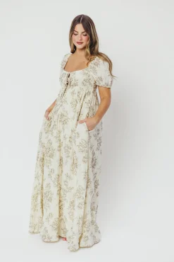 Online Worth Collective Haven 100% Cotton Tie-Front Maxi Dress in Taupe/Brown Floral - Bump Fr
