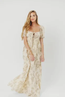 Online Worth Collective Haven 100% Cotton Tie-Front Maxi Dress in Taupe/Brown Floral - Bump Fr