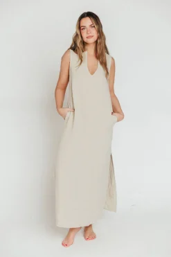 New Worth Collective How Sweet It Is Sleeveless Linen-Blend Maxi in Sand - Bump Friendly