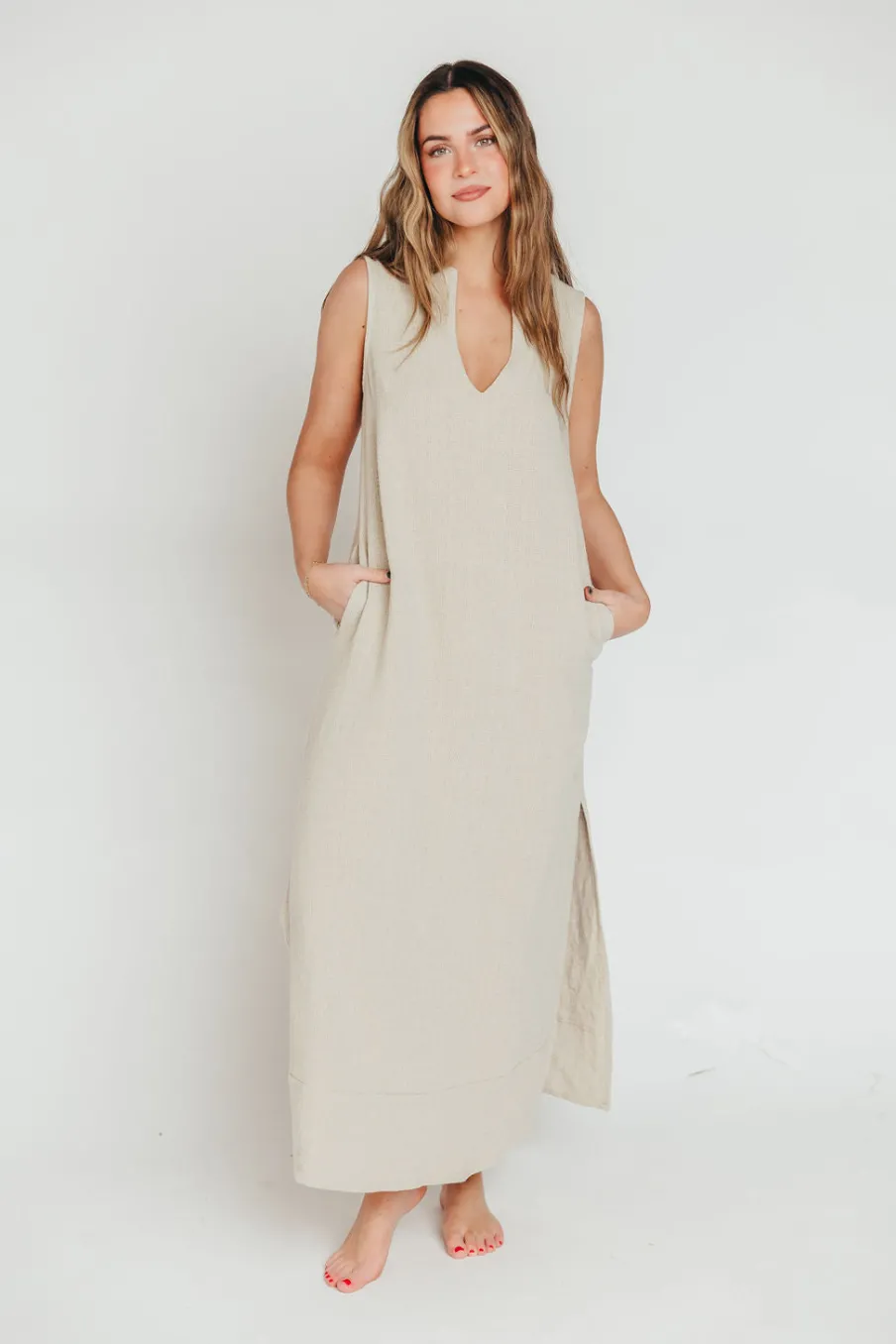 New Worth Collective How Sweet It Is Sleeveless Linen-Blend Maxi in Sand - Bump Friendly