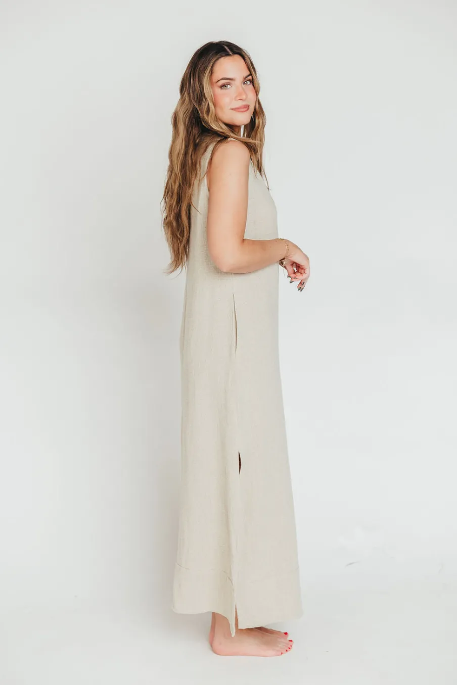New Worth Collective How Sweet It Is Sleeveless Linen-Blend Maxi in Sand - Bump Friendly