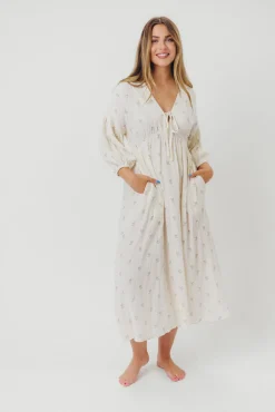 Outlet Worth Collective Hunter 100% Cotton Gauze Midi Dress in Soy/Sage Foliage - Bump Friendl