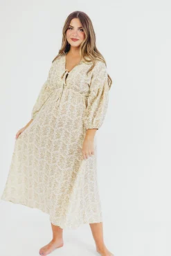 Sale Worth Collective Hunter 100% Cotton Gauze Midi Dress in Natural/Tan Floral - Bump Frien