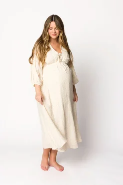 Hot Worth Collective Hunter 100% Cotton Gauze Midi Dress in Natural/Brown Floral Bump Frien