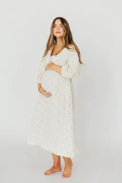 Outlet Worth Collective Hunter 100% Cotton Gauze Midi Dress in Soy/Sage Foliage - Bump Friendl
