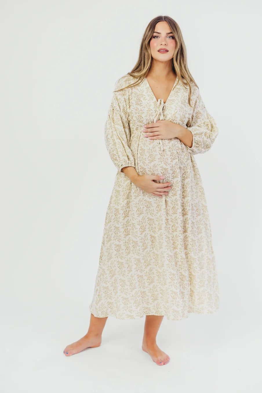 Sale Worth Collective Hunter 100% Cotton Gauze Midi Dress in Natural/Tan Floral - Bump Frien