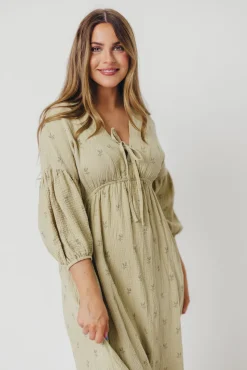 Fashion Worth Collective Hunter 100% Cotton Gauze Midi Dress in Thyme/Sage Foliage - Bump Frien