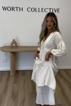 Hot Worth Collective Hunter 100% Cotton Gauze Midi Dress in Natural/Brown Floral Bump Frien