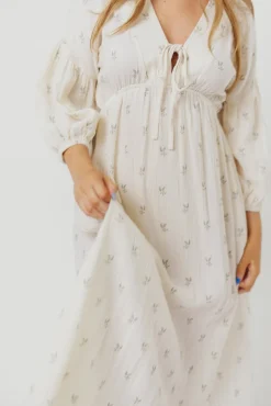 Outlet Worth Collective Hunter 100% Cotton Gauze Midi Dress in Soy/Sage Foliage - Bump Friendl