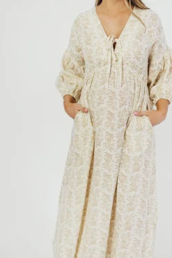 Sale Worth Collective Hunter 100% Cotton Gauze Midi Dress in Natural/Tan Floral - Bump Frien