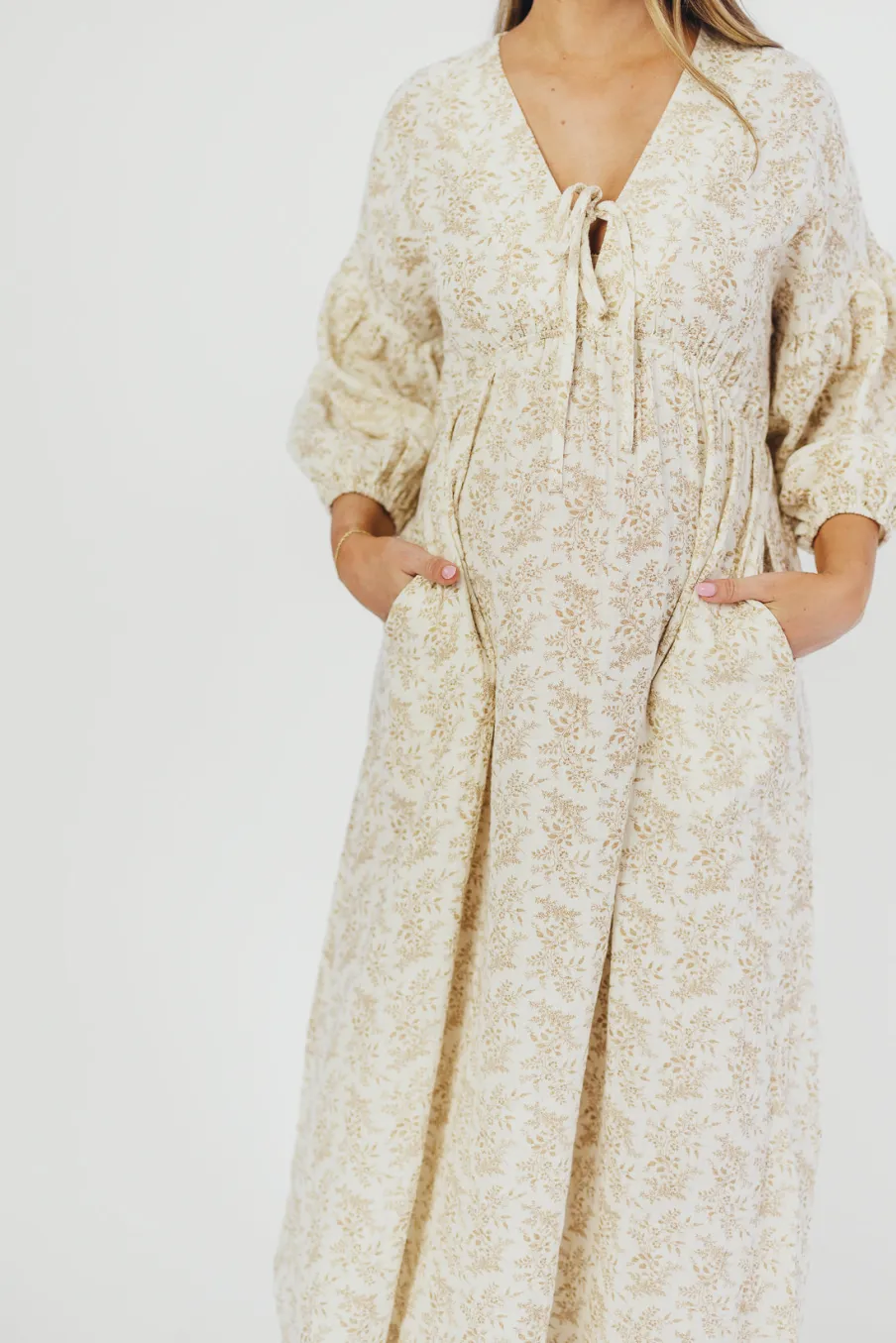 Sale Worth Collective Hunter 100% Cotton Gauze Midi Dress in Natural/Tan Floral - Bump Frien