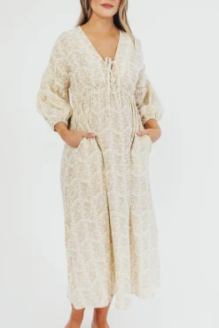 Sale Worth Collective Hunter 100% Cotton Gauze Midi Dress in Natural/Tan Floral - Bump Frien