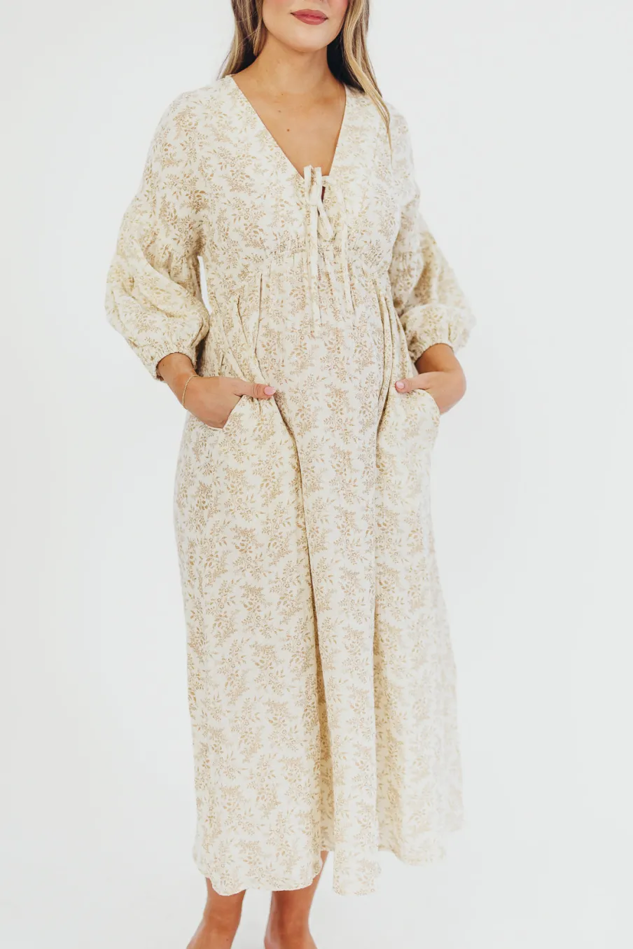 Sale Worth Collective Hunter 100% Cotton Gauze Midi Dress in Natural/Tan Floral - Bump Frien
