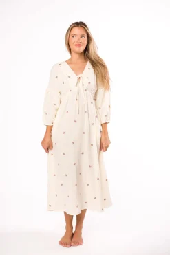 Online Worth Collective Hunter 100% Cotton Gauze Midi Dress in Soy/Pink Floral - Bump Friendly